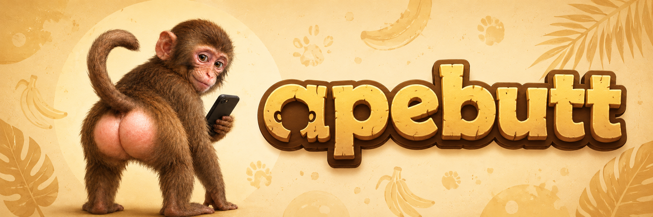 apebutt banner with the ape, stone wordmark, bananas, paw prints, and palm leaves